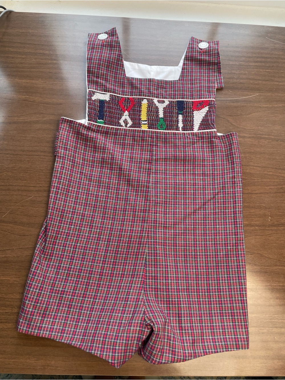 Kids Red Plaid Smocked Shortalls with Tool Embroidery